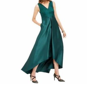 Adrianna Papell Women's Textured Mikado Hi-Lo Dark Green Gown with POCKETS